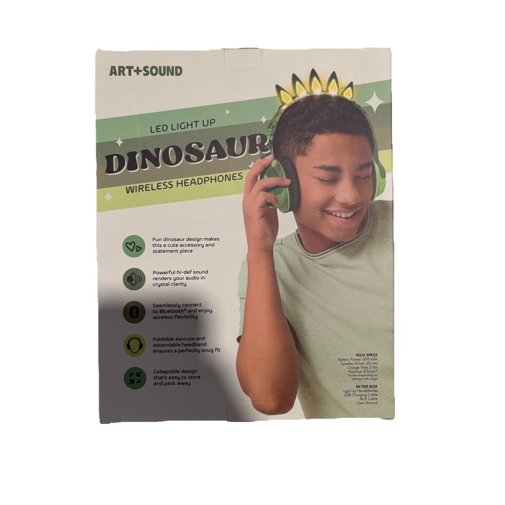 ART+SOUND Dinosaur LED Light Up Wireless Bluetooth Foldable Headphones Green